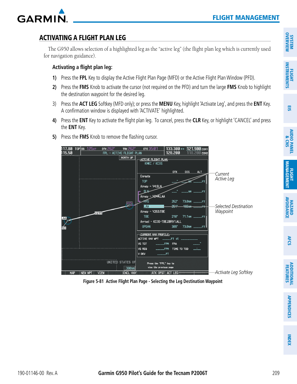 Activating a flight plan leg, Flight management | Garmin G950 Tecnam 2006T User Manual | Page 221 / 348