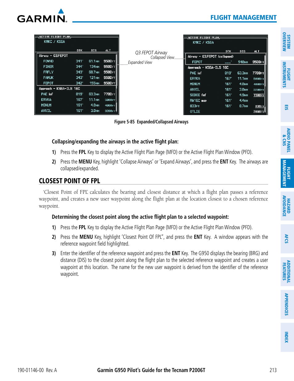 Closest point of fpl, Flight management | Garmin G950 Tecnam 2006T User Manual | Page 225 / 348