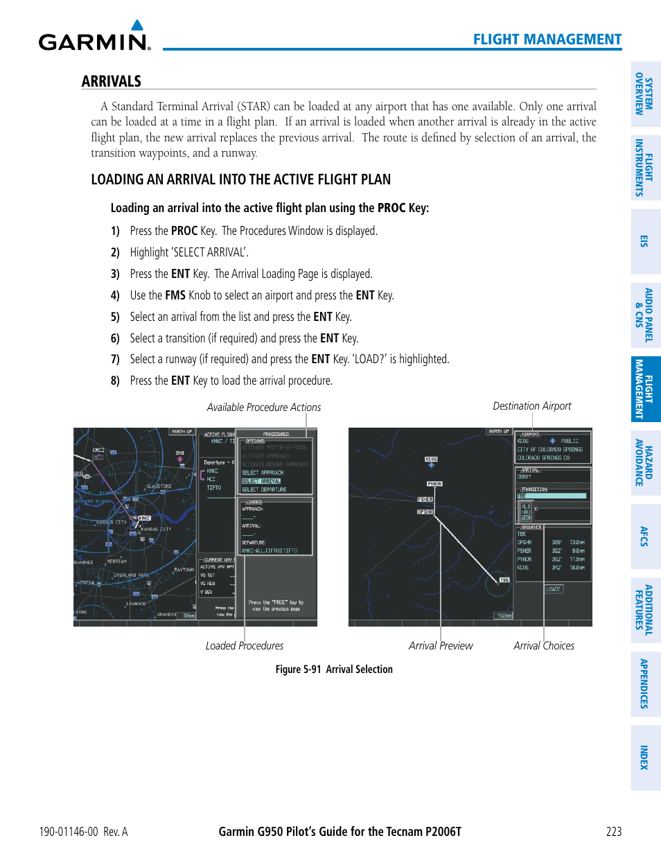 Arrivals, Flight management, Loading an arrival into the active flight plan | Garmin G950 Tecnam 2006T User Manual | Page 235 / 348