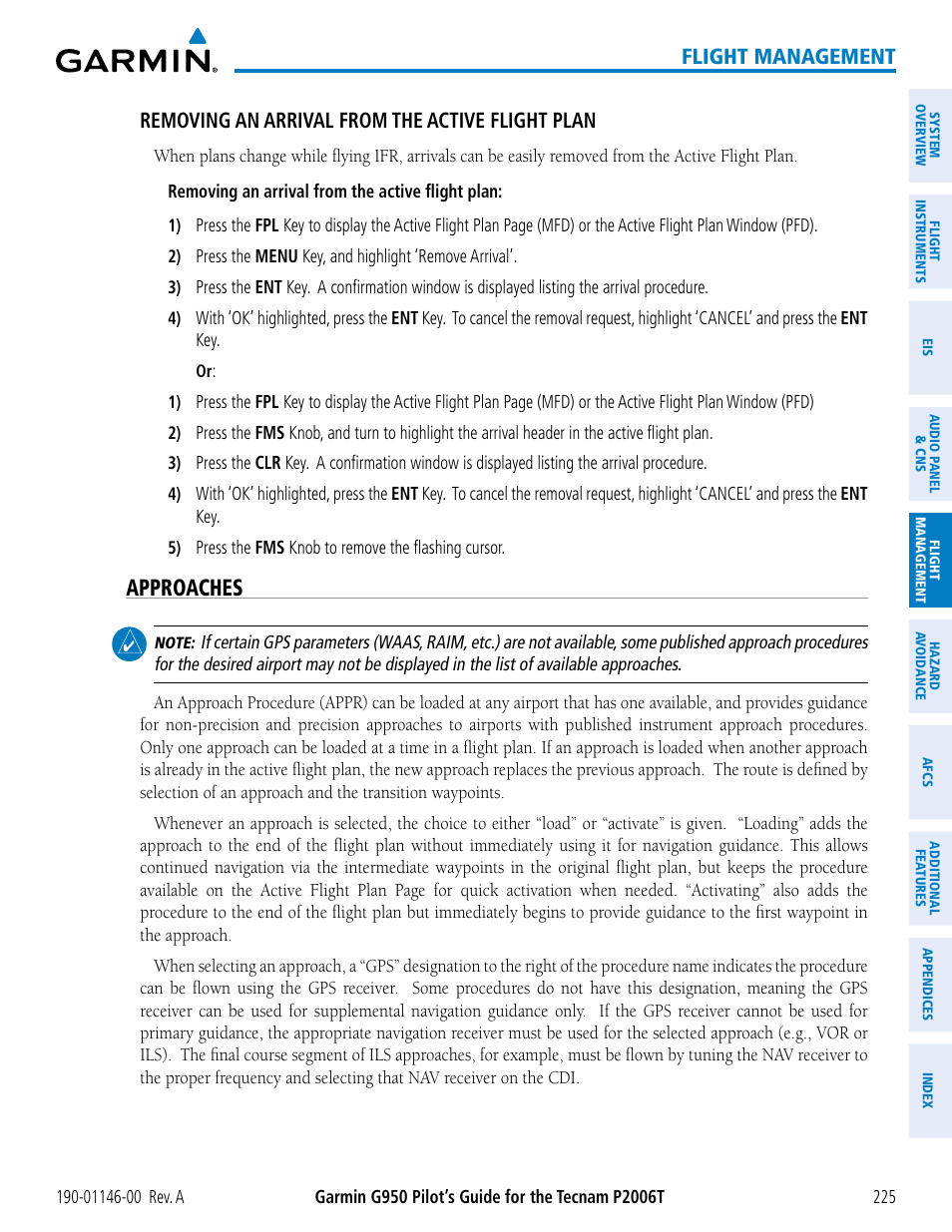 Approaches, Flight management, Removing an arrival from the active flight plan | Garmin G950 Tecnam 2006T User Manual | Page 237 / 348