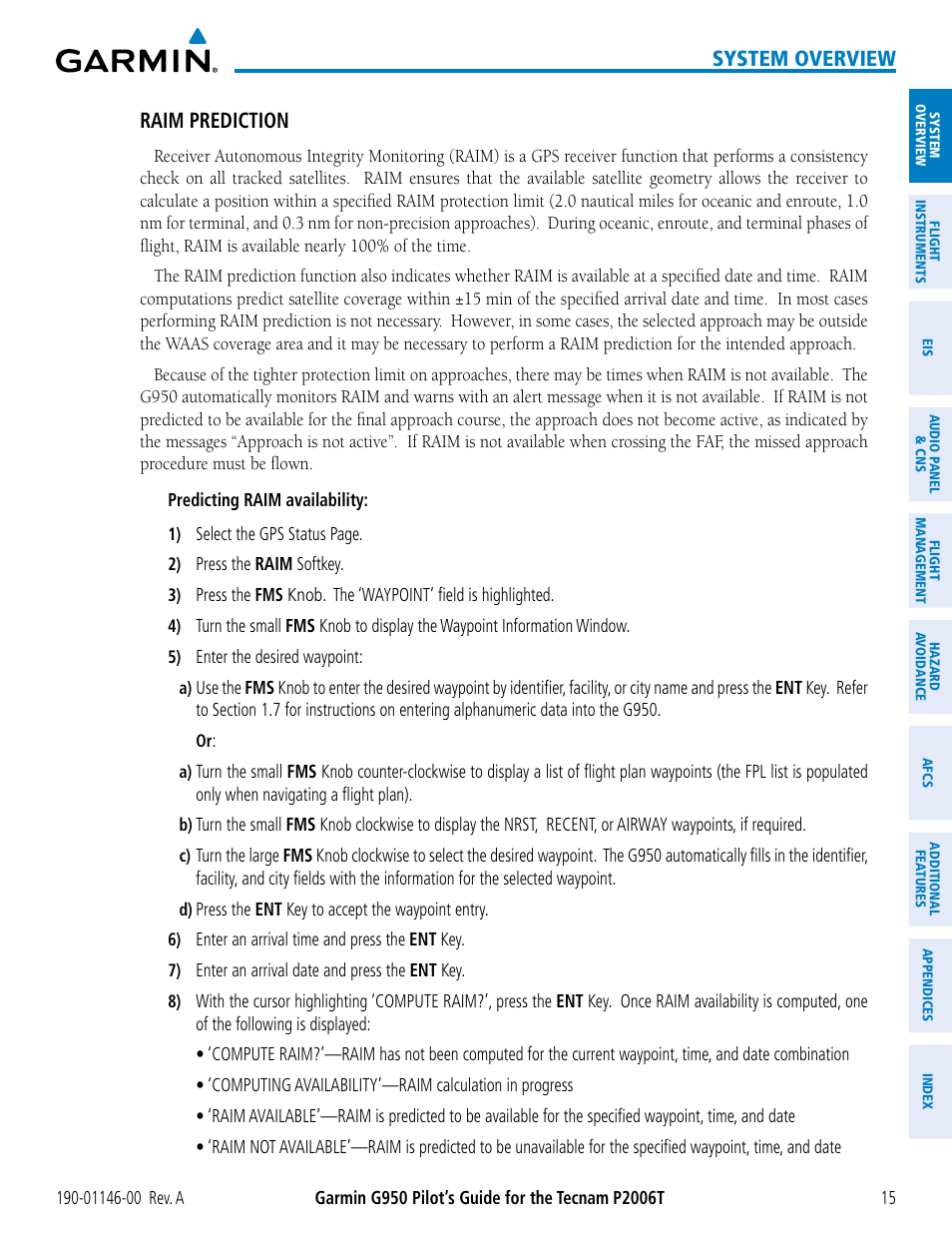 System overview, Raim prediction | Garmin G950 Tecnam 2006T User Manual | Page 27 / 348