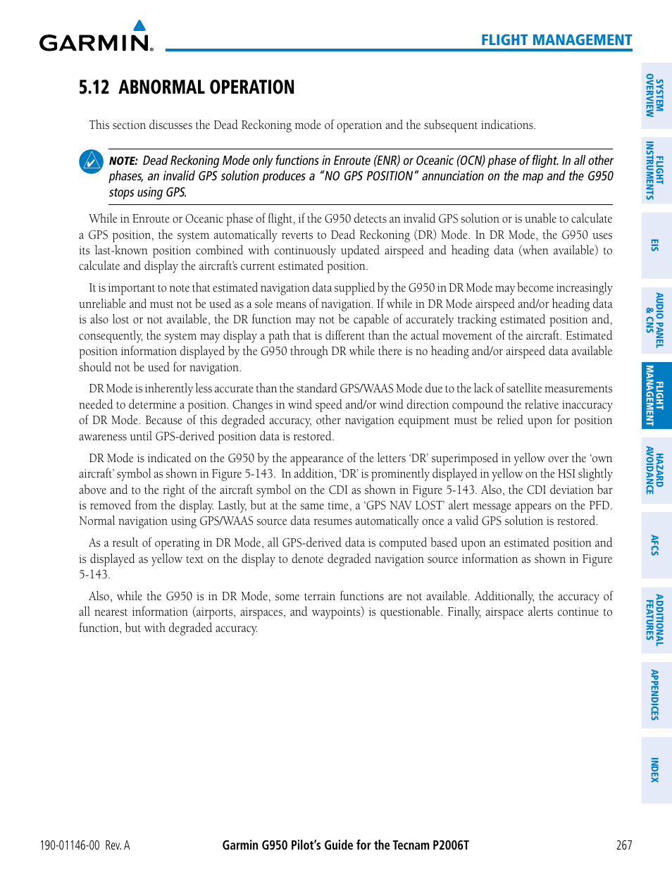 12 abnormal operation, Flight management | Garmin G950 Tecnam 2006T User Manual | Page 279 / 348