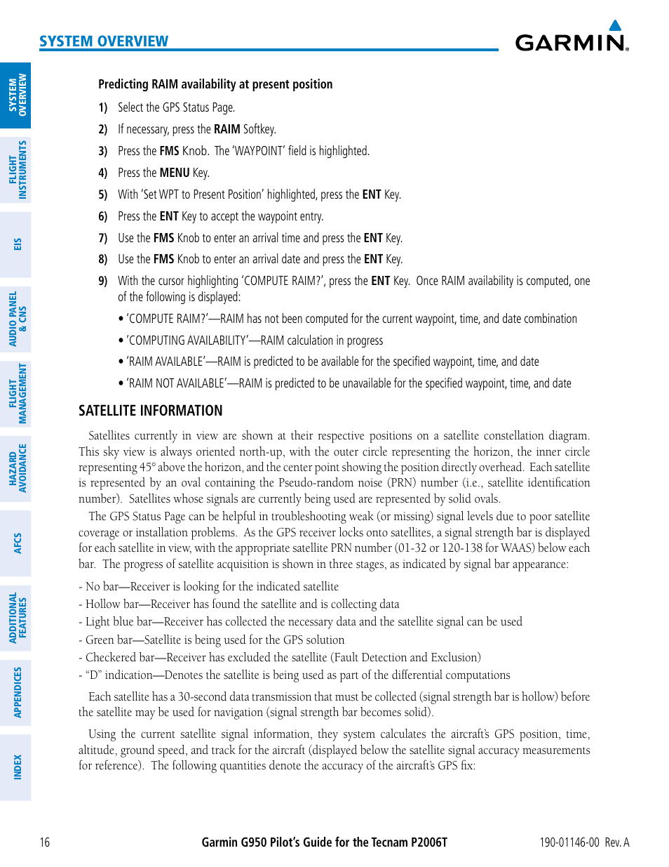 System overview, Satellite information | Garmin G950 Tecnam 2006T User Manual | Page 28 / 348