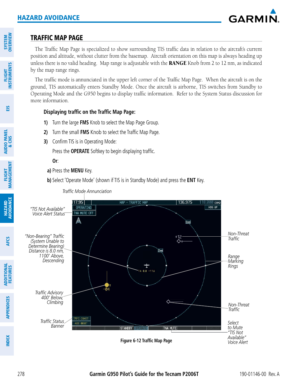 Traffic map page, Hazard avoidance | Garmin G950 Tecnam 2006T User Manual | Page 290 / 348