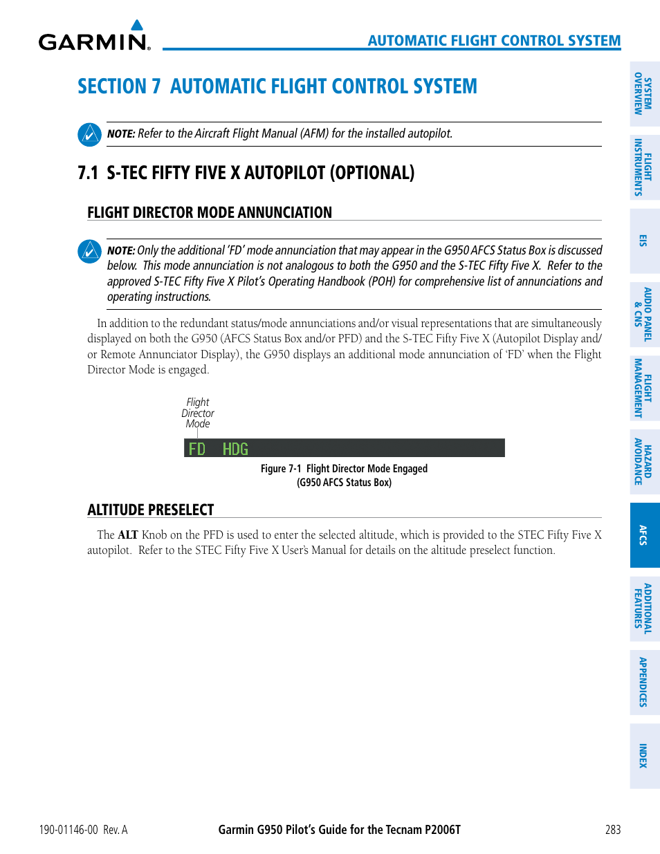 Section 7 automatic flight control system, 1 s-tec fifty five x autopilot (optional), Flight director mode annunciation | Altitude preselect, Automatic flight control system | Garmin G950 Tecnam 2006T User Manual | Page 295 / 348