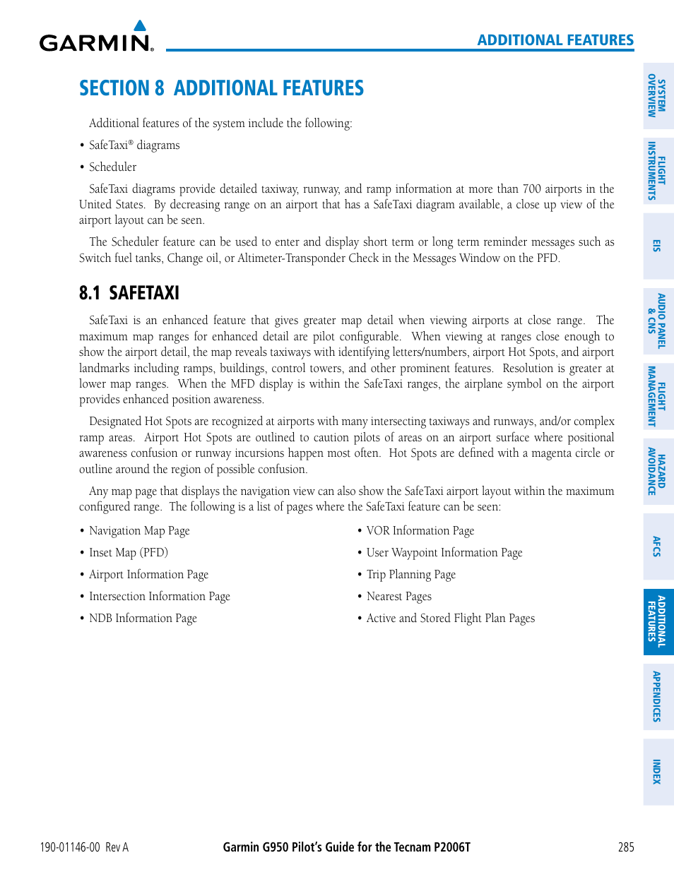 Section 8 additional features, 1 safetaxi, Additional features | Garmin G950 Tecnam 2006T User Manual | Page 297 / 348