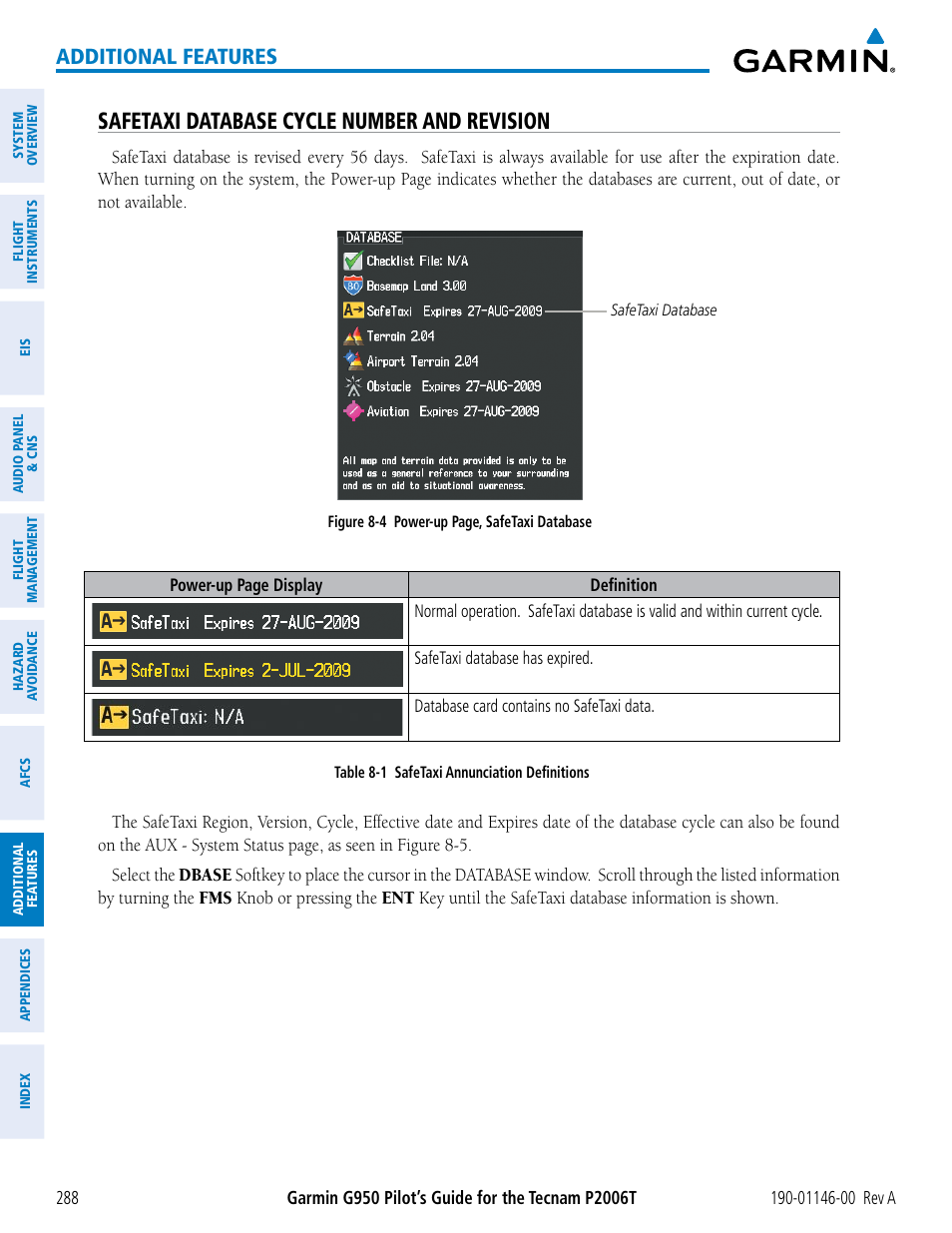 Safetaxi database cycle number and revision, Additional features | Garmin G950 Tecnam 2006T User Manual | Page 300 / 348