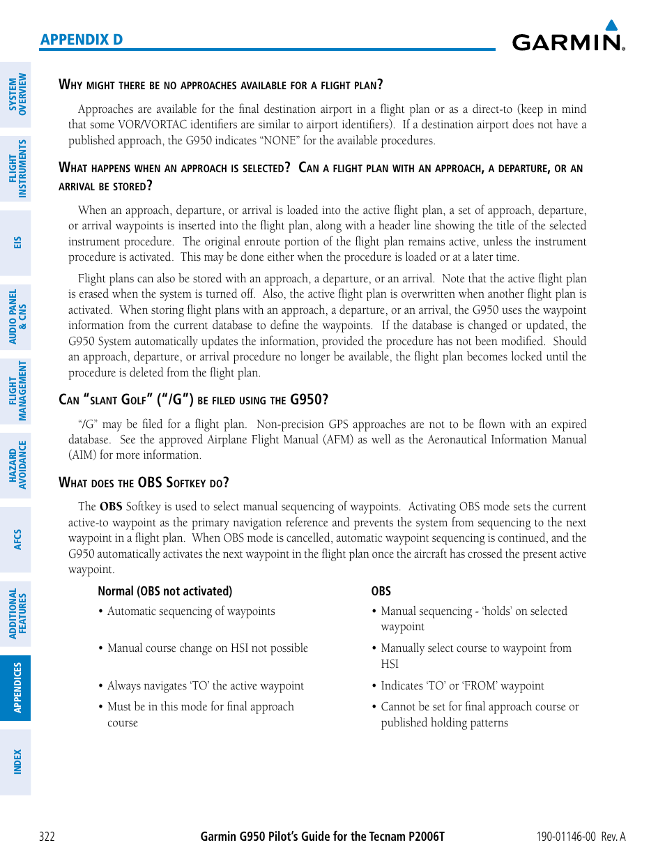 Appendix d w, G950, Obs s | Garmin G950 Tecnam 2006T User Manual | Page 334 / 348