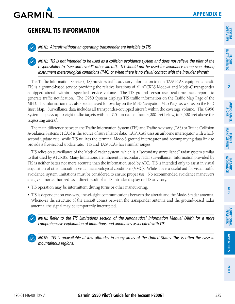 General tis information, Appendix e | Garmin G950 Tecnam 2006T User Manual | Page 337 / 348