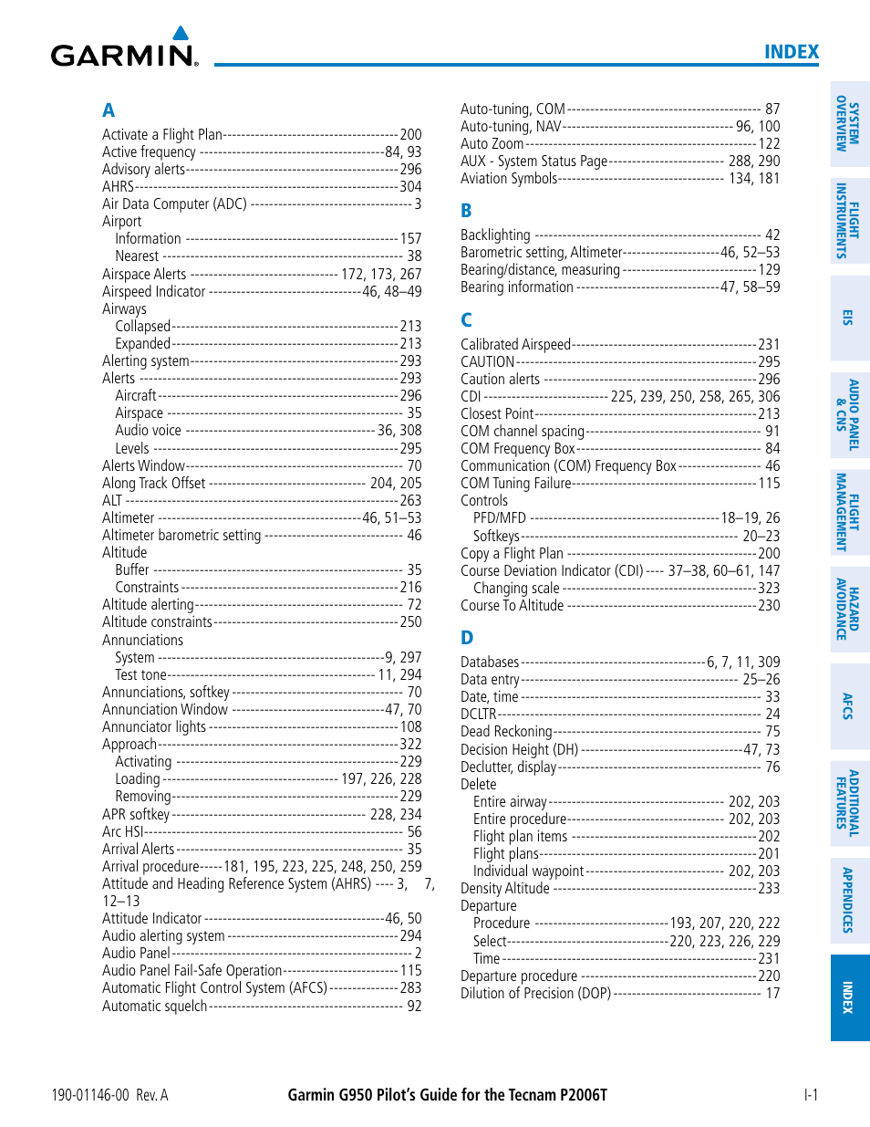 Index | Garmin G950 Tecnam 2006T User Manual | Page 343 / 348