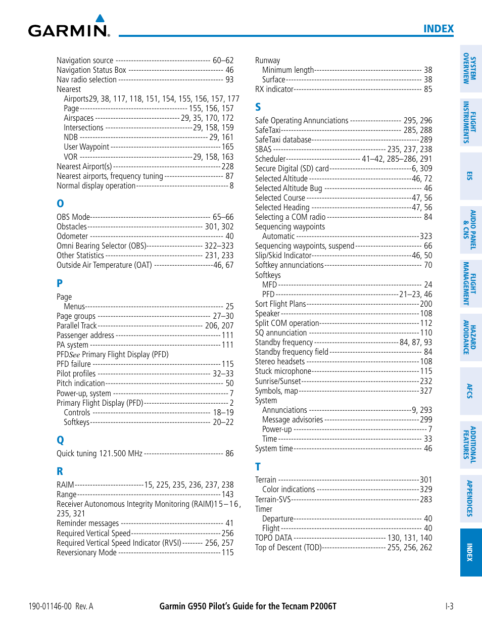 Index | Garmin G950 Tecnam 2006T User Manual | Page 345 / 348