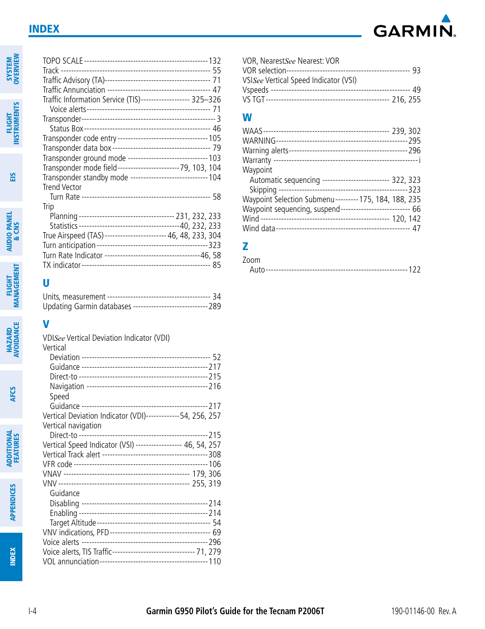 Index | Garmin G950 Tecnam 2006T User Manual | Page 346 / 348