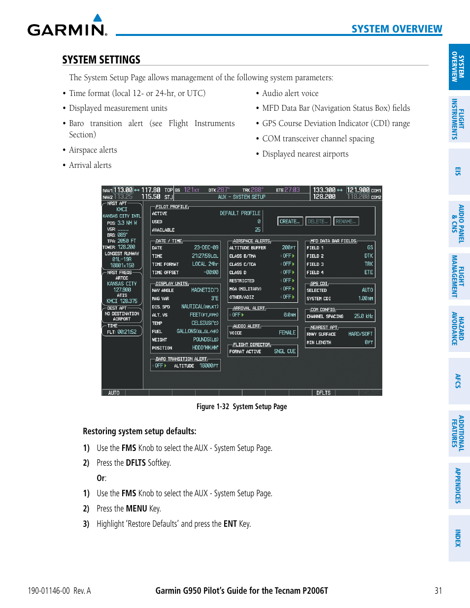 System settings, System overview | Garmin G950 Tecnam 2006T User Manual | Page 43 / 348