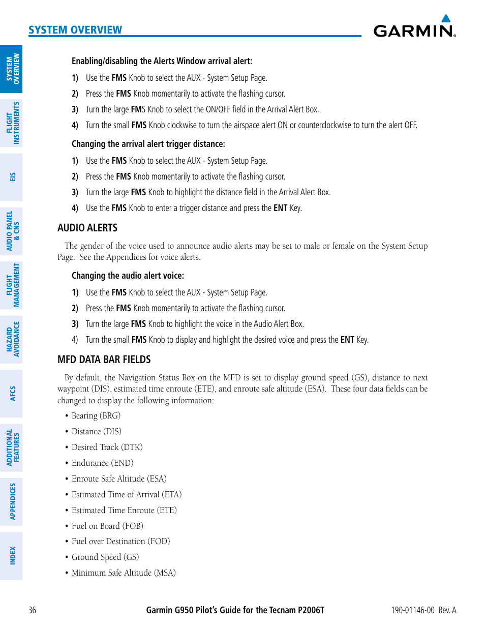 System overview, Audio alerts, Mfd data bar fields | Garmin G950 Tecnam 2006T User Manual | Page 48 / 348