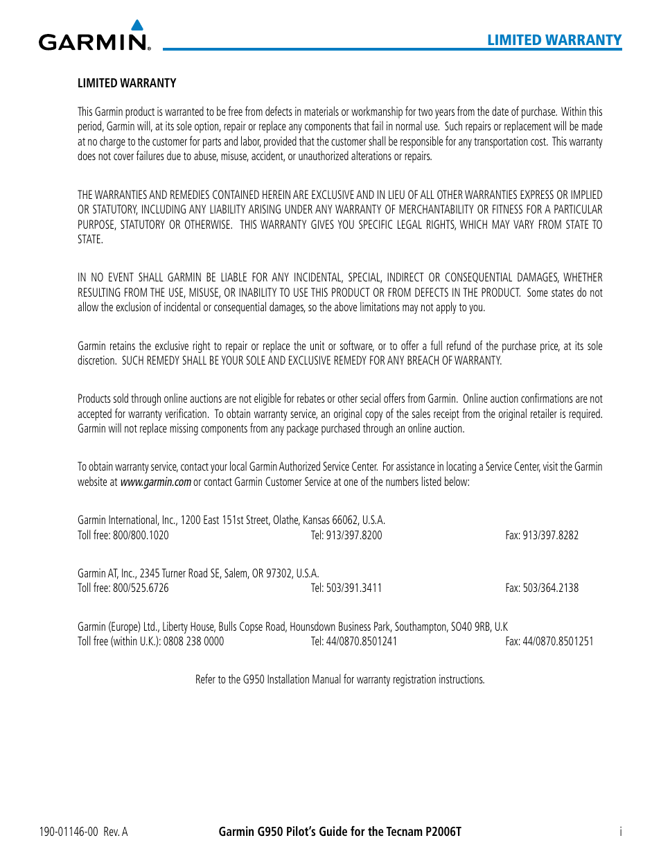 Limited warranty | Garmin G950 Tecnam 2006T User Manual | Page 5 / 348