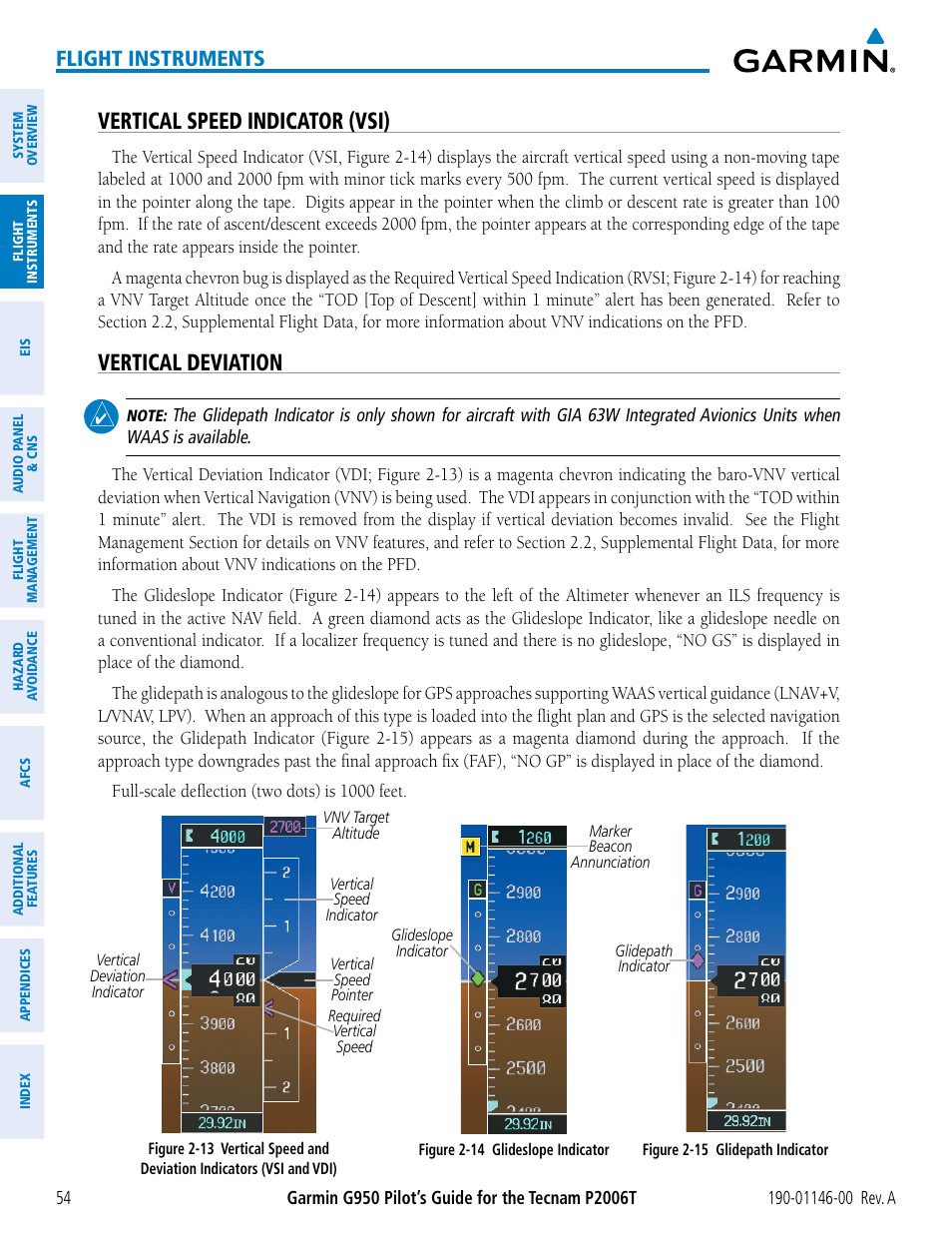 Vertical speed indicator (vsi), Vertical deviation, Flight instruments | Garmin G950 Tecnam 2006T User Manual | Page 66 / 348