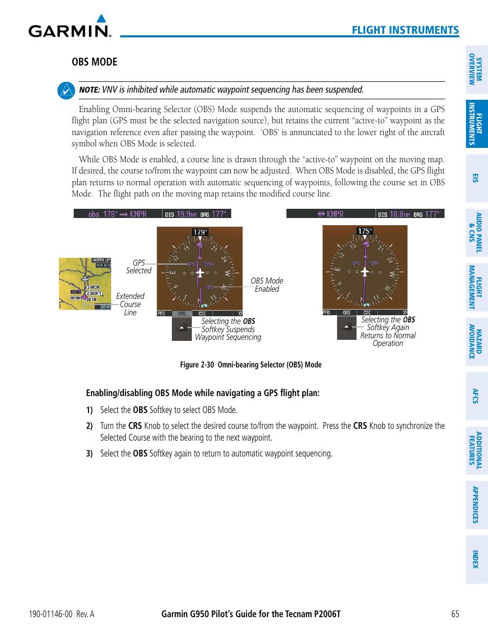 Flight instruments, Obs mode | Garmin G950 Tecnam 2006T User Manual | Page 77 / 348