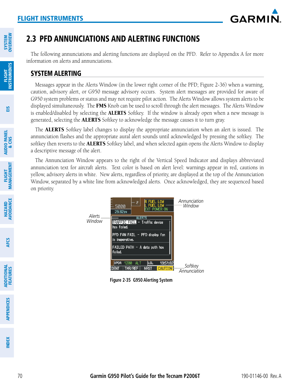 3 pfd annunciations and alerting functions, System alerting, Flight instruments | Garmin G950 Tecnam 2006T User Manual | Page 82 / 348