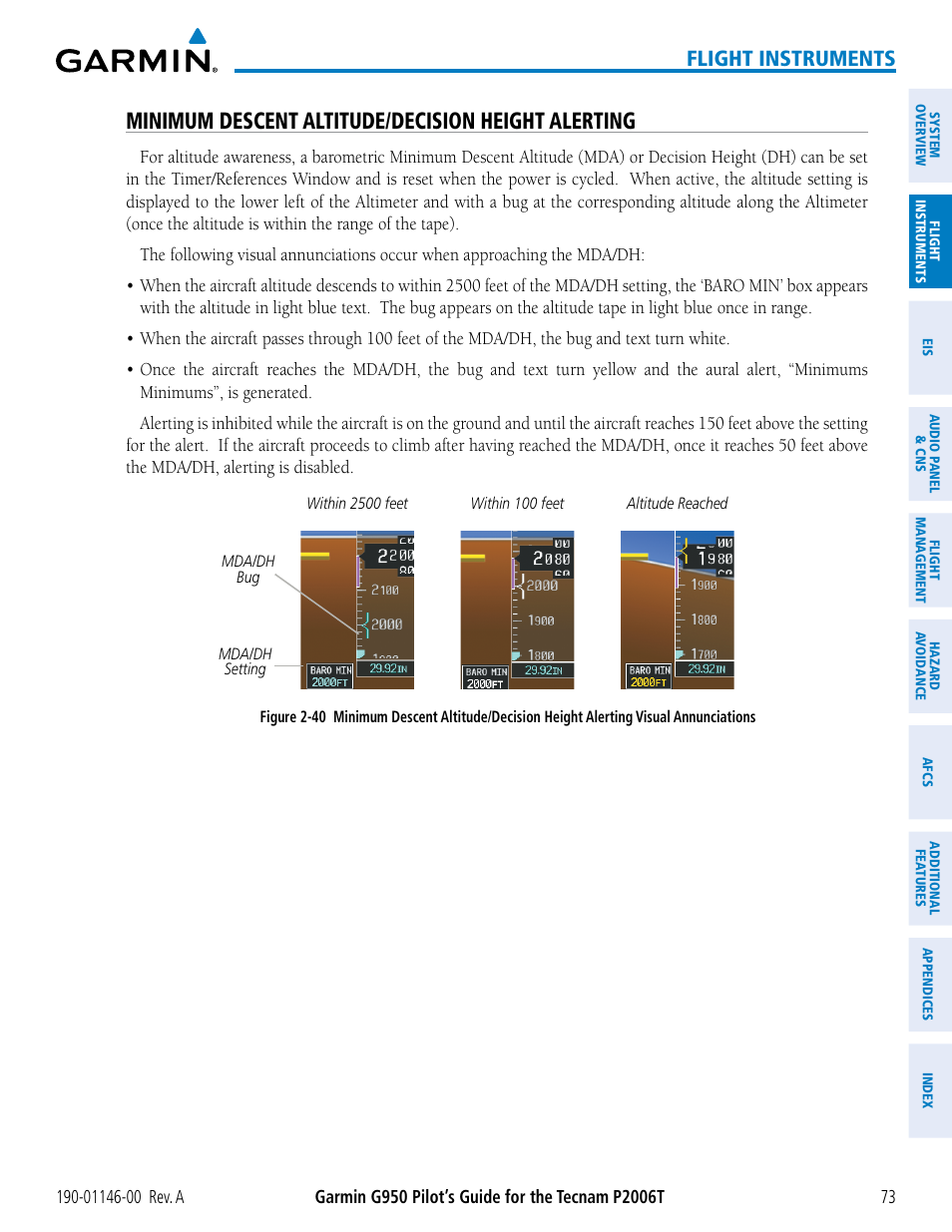 Minimum descent altitude/decision height alerting, Flight instruments | Garmin G950 Tecnam 2006T User Manual | Page 85 / 348