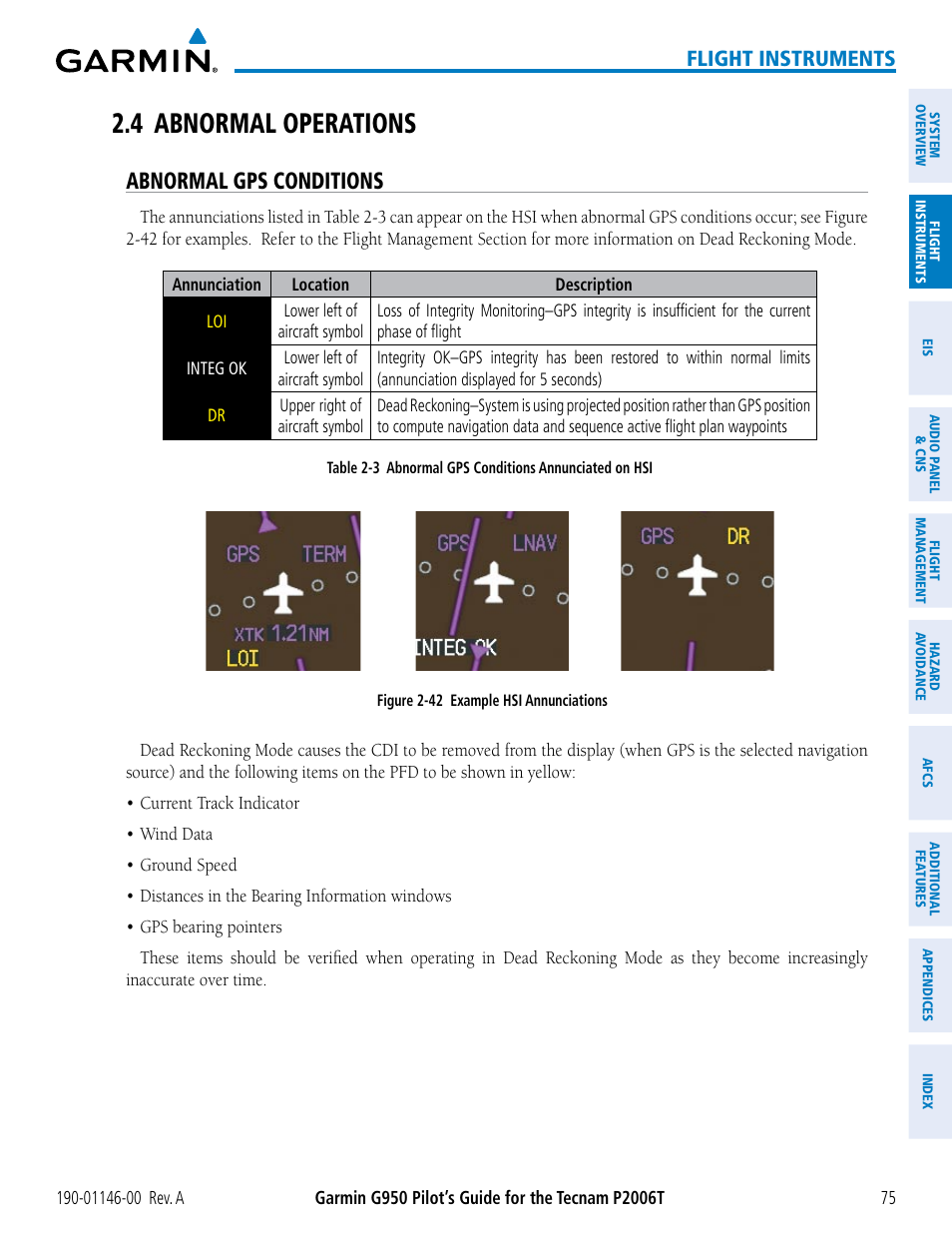 4 abnormal operations, Abnormal gps conditions, Flight instruments | Garmin G950 Tecnam 2006T User Manual | Page 87 / 348