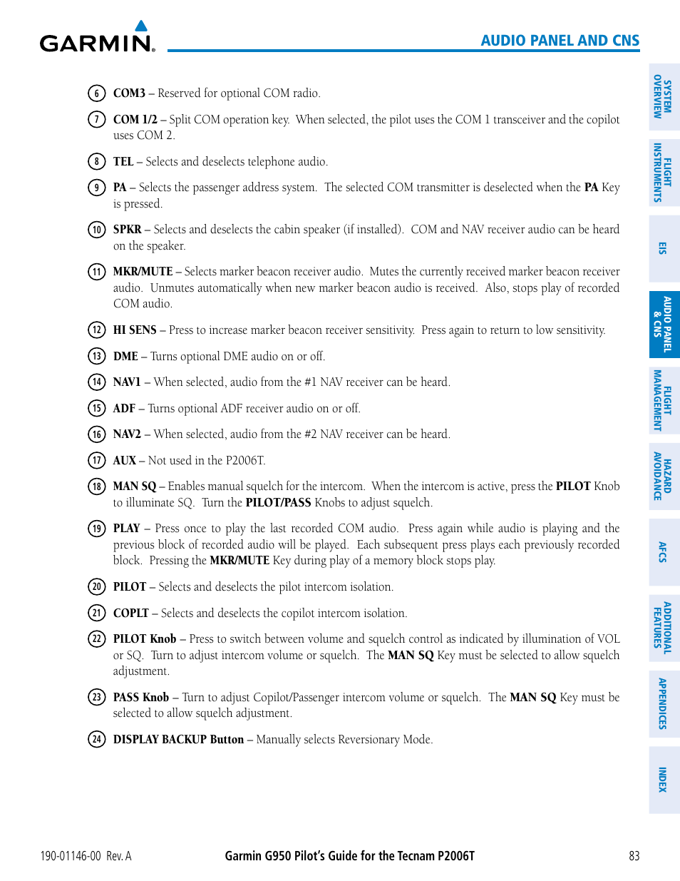 Audio panel and cns | Garmin G950 Tecnam 2006T User Manual | Page 95 / 348