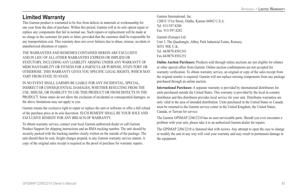 Limited warranty | Garmin GPSMAP 2210 User Manual | Page 101 / 106