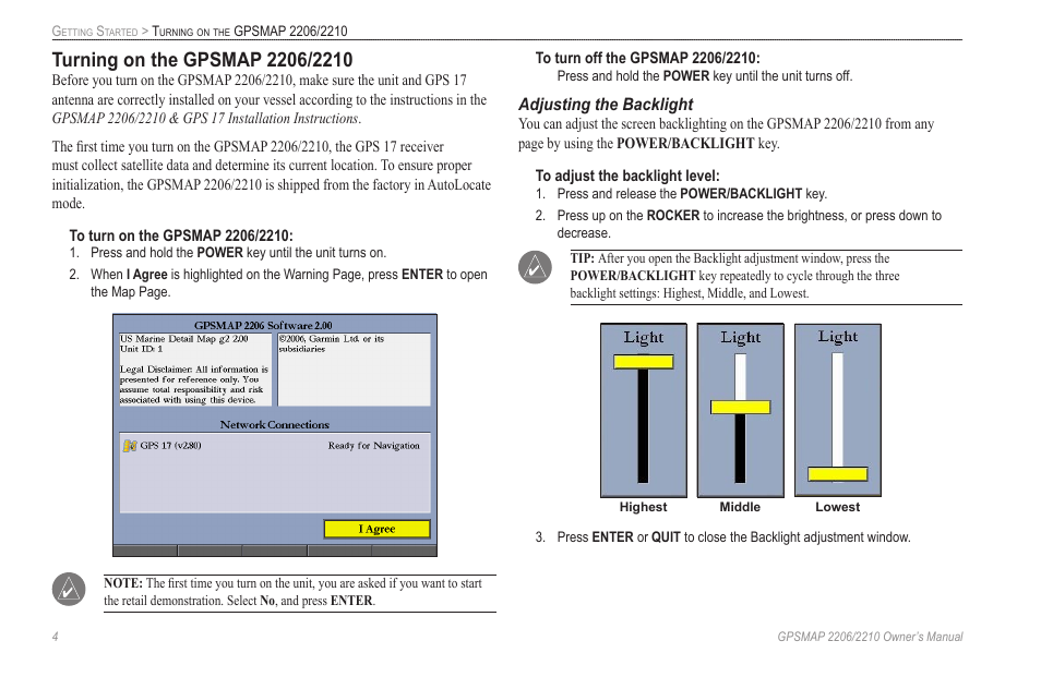 Turning on the gpsmap 2206/2210, Adjusting the backlight | Garmin GPSMAP 2210 User Manual | Page 12 / 106