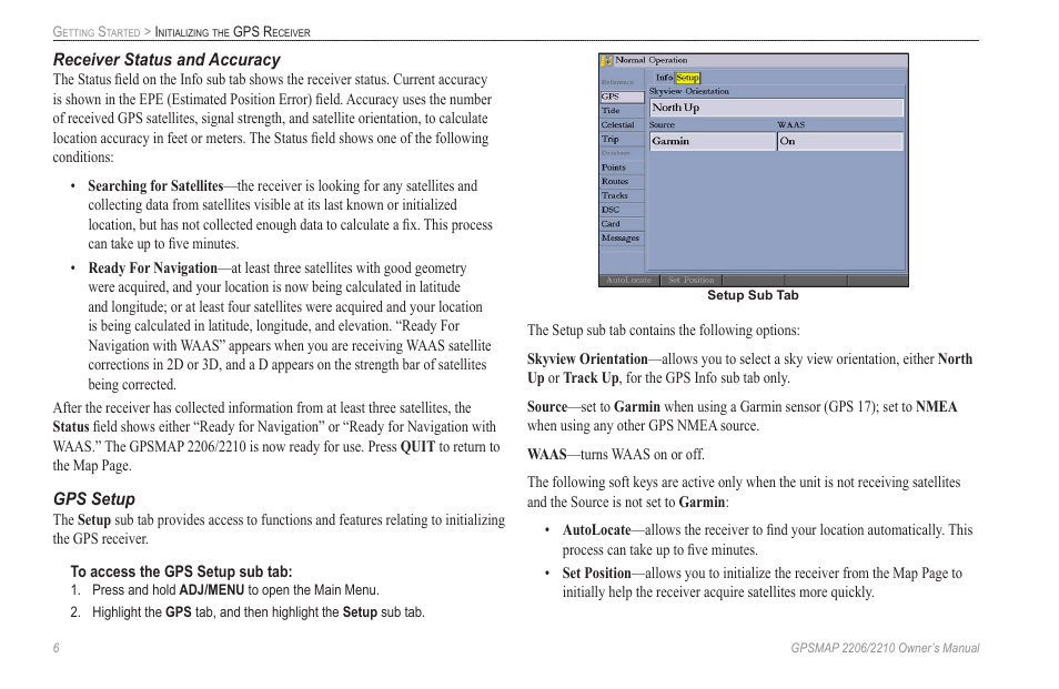 Receiver status and accuracy, Gps setup | Garmin GPSMAP 2210 User Manual | Page 14 / 106