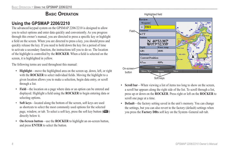 Basic operation, Using the gpsmap 2206/2210 | Garmin GPSMAP 2210 User Manual | Page 16 / 106