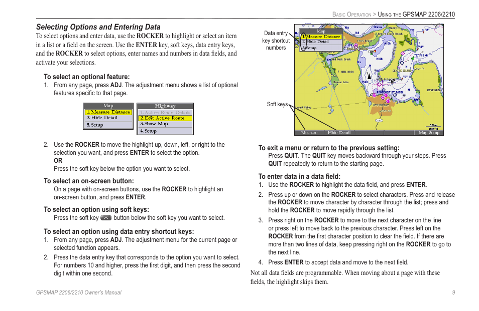 Selecting options and entering data | Garmin GPSMAP 2210 User Manual | Page 17 / 106