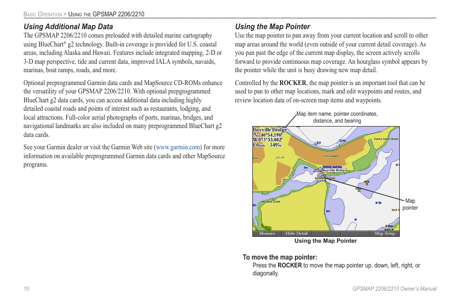 Using additional map data, Using the map pointer | Garmin GPSMAP 2210 User Manual | Page 18 / 106