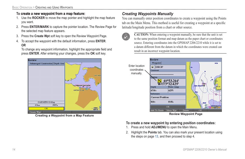 Creating waypoints manually | Garmin GPSMAP 2210 User Manual | Page 22 / 106