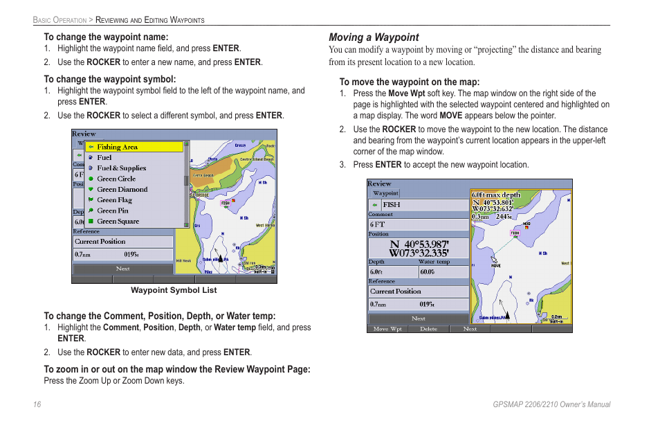 Moving a waypoint | Garmin GPSMAP 2210 User Manual | Page 24 / 106