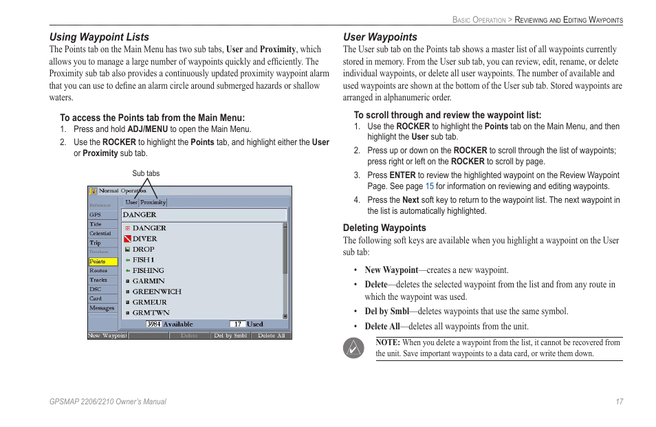 Using waypoint lists, User waypoints | Garmin GPSMAP 2210 User Manual | Page 25 / 106