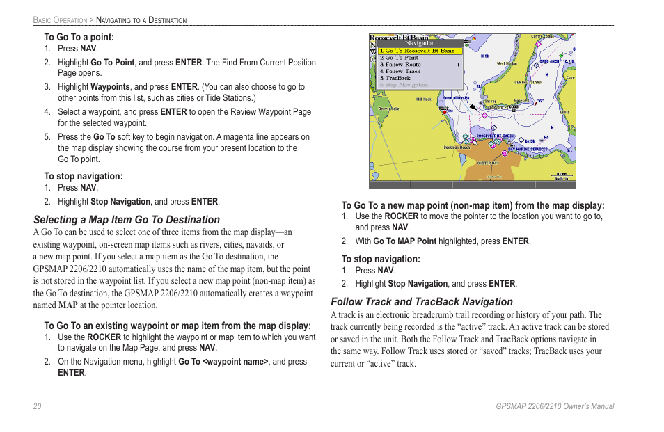 Selecting a map item go to destination, Follow track and tracback navigation | Garmin GPSMAP 2210 User Manual | Page 28 / 106