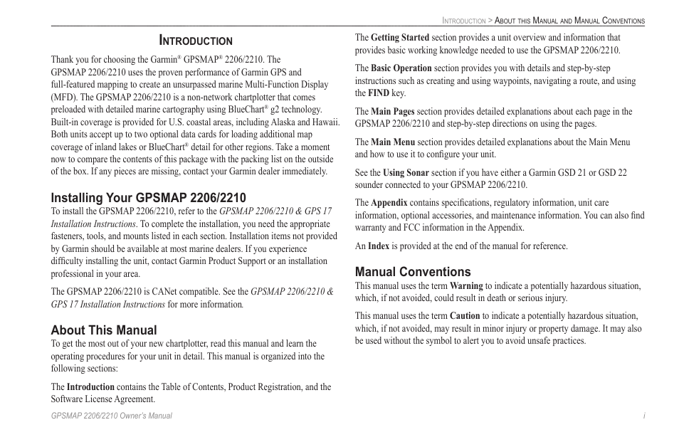 Introduction, Installing your gpsmap 2206/2210, About this manual | Manual conventions | Garmin GPSMAP 2210 User Manual | Page 3 / 106