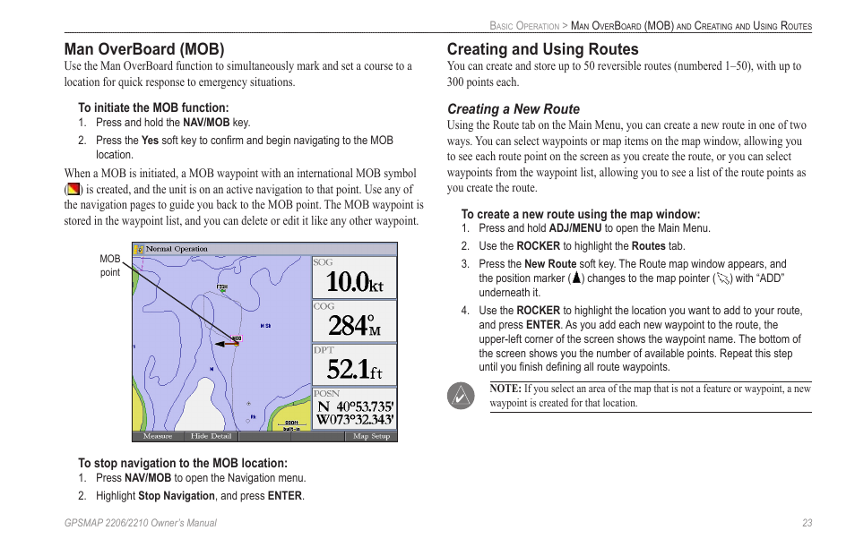 Man overboard (mob), Creating and using routes, Creating a new route | For more information about using routes, see | Garmin GPSMAP 2210 User Manual | Page 31 / 106