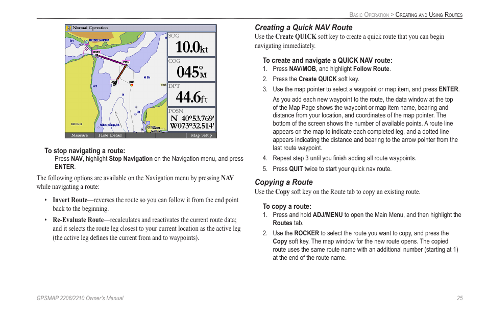 Creating a quick nav route, Copying a route | Garmin GPSMAP 2210 User Manual | Page 33 / 106