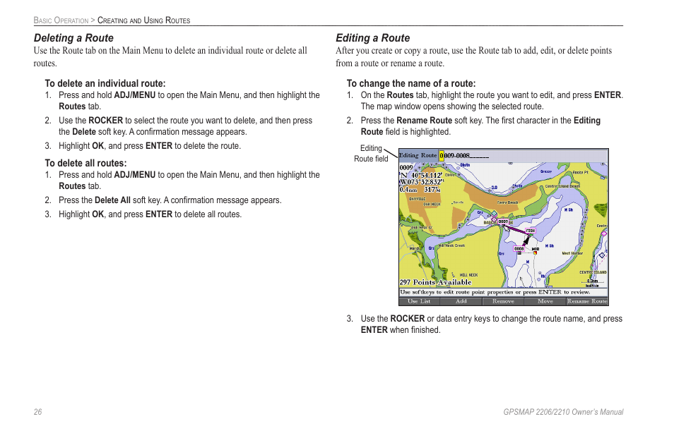 Deleting a route, Editing a route | Garmin GPSMAP 2210 User Manual | Page 34 / 106