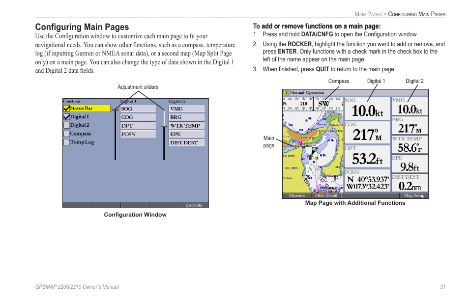 Configuring main pages | Garmin GPSMAP 2210 User Manual | Page 39 / 106