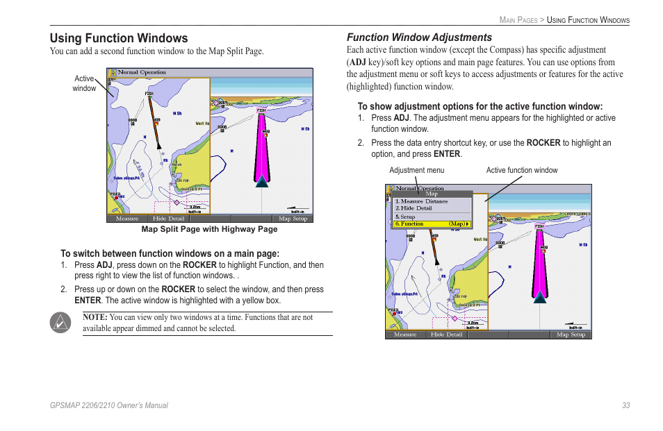 Using function windows, Function window adjustments | Garmin GPSMAP 2210 User Manual | Page 41 / 106