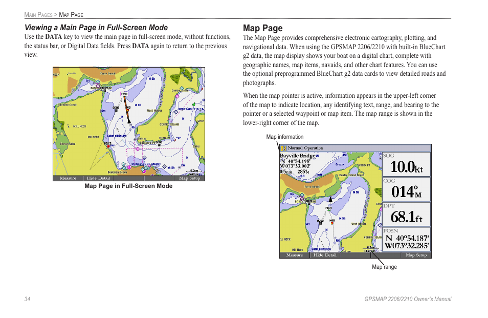 Map page, Viewing a main page in full-screen mode | Garmin GPSMAP 2210 User Manual | Page 42 / 106