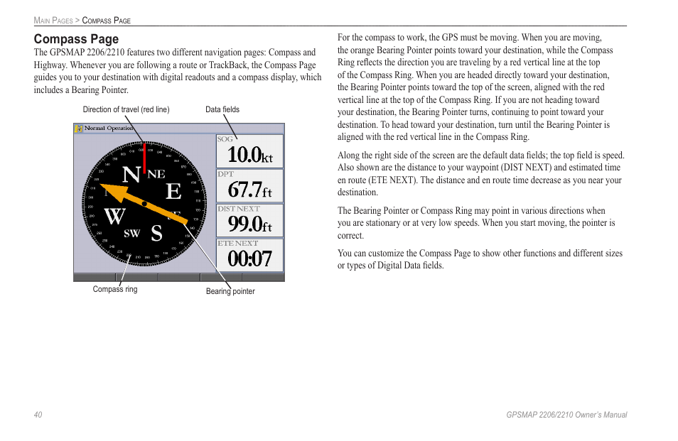 Compass page | Garmin GPSMAP 2210 User Manual | Page 48 / 106