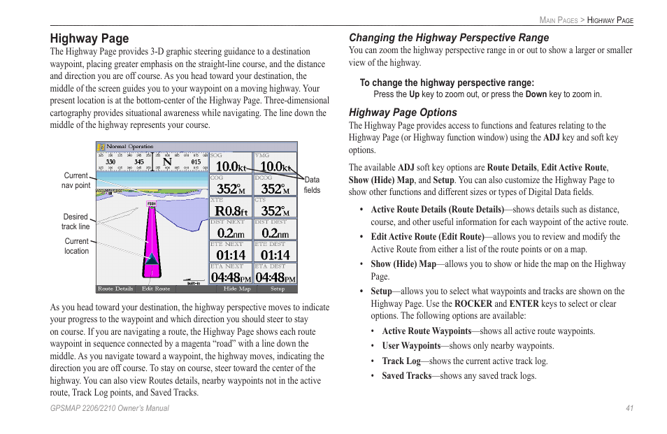 Changing the highway perspective range, Highway page | Garmin GPSMAP 2210 User Manual | Page 49 / 106