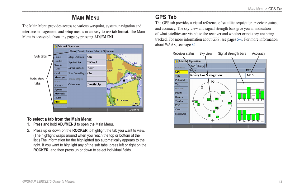 Main menu, Gps tab | Garmin GPSMAP 2210 User Manual | Page 51 / 106