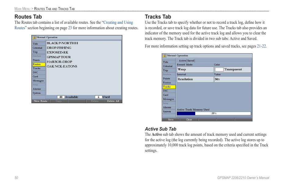 Routes tab, Tracks tab | Garmin GPSMAP 2210 User Manual | Page 58 / 106