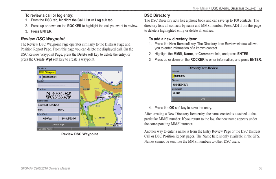 Review dsc waypoint | Garmin GPSMAP 2210 User Manual | Page 61 / 106