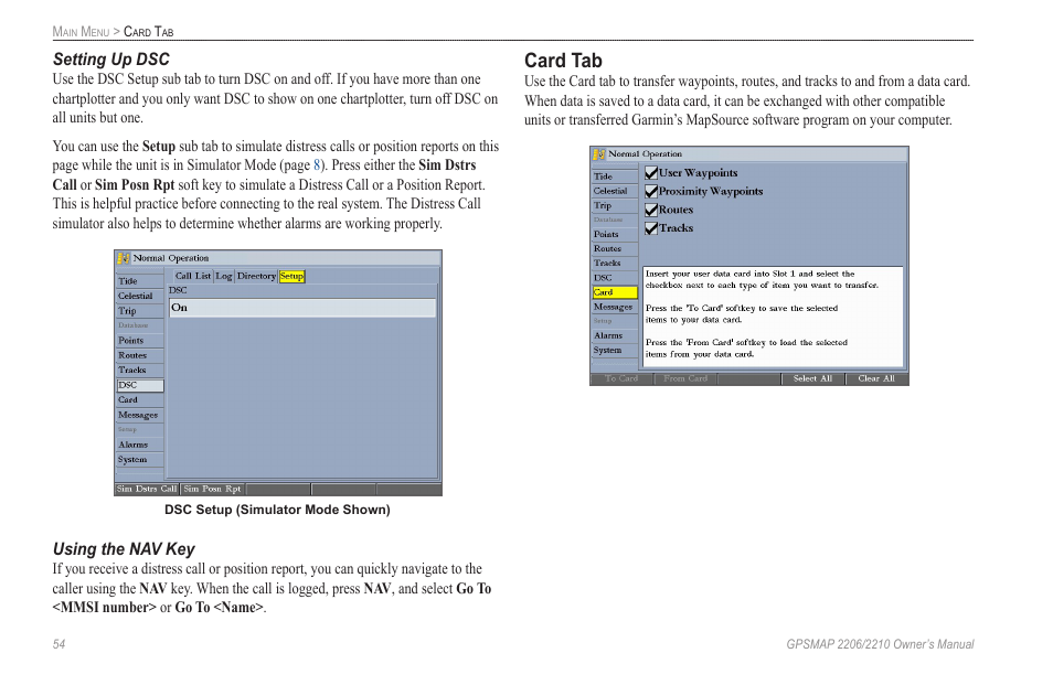 Setting up dsc, Using the nav key, Card tab | Garmin GPSMAP 2210 User Manual | Page 62 / 106