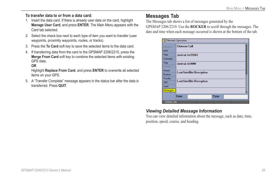 Messages tab, Viewing detailed message information | Garmin GPSMAP 2210 User Manual | Page 63 / 106