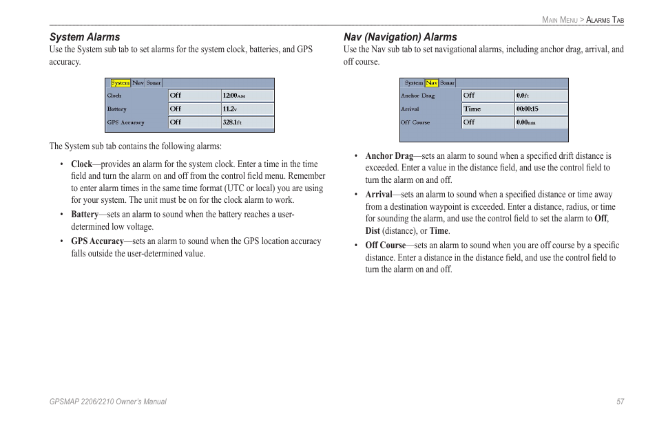 System alarms, Nav (navigation) alarms | Garmin GPSMAP 2210 User Manual | Page 65 / 106